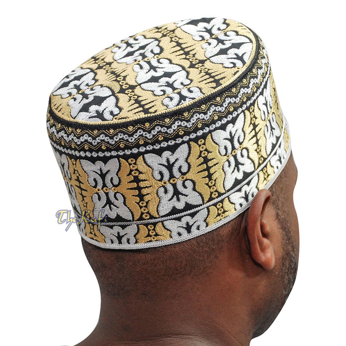 Muslim Omani Kufi Hat Black Golden-brown White Butterfly Motif 4-inch Islamic African Yemeni Kenyan Topi