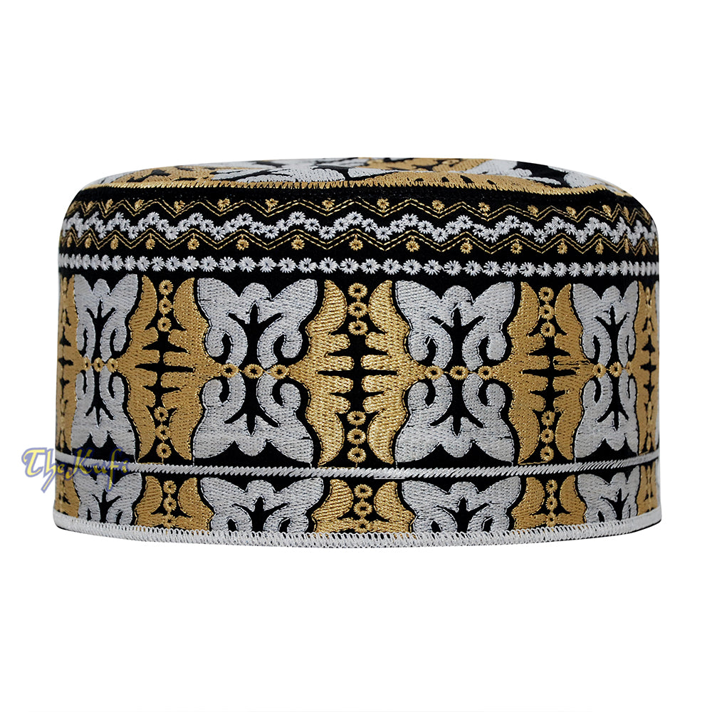 Muslim Omani Kufi Hat Black Golden-Brown White Butterfly Motif 4-inch Islamic African Yemeni Kenyan Topi