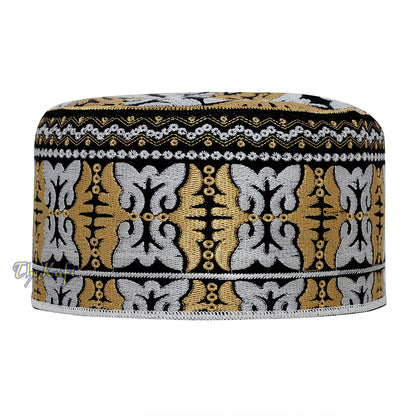 Muslim Omani Kufi Hat Black Golden-Brown White Butterfly Motif 4-inch Islamic African Yemeni Kenyan Topi