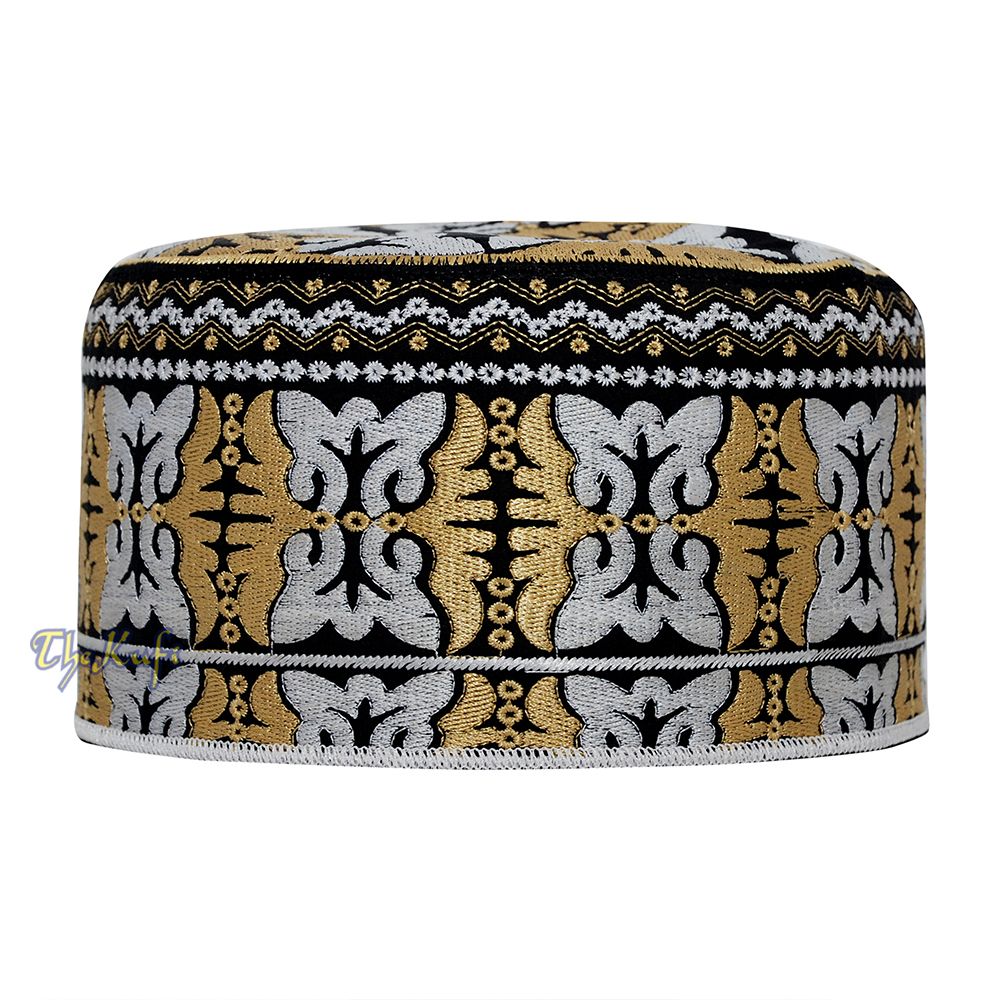Muslim Omani Kufi Hat Black Golden-Brown White Butterfly Motif 4-inch Islamic African Yemeni Kenyan Topi