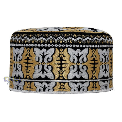 Muslim Omani Kufi Hat Black Golden-Brown White Butterfly Motif 4-inch Islamic African Yemeni Kenyan Topi
