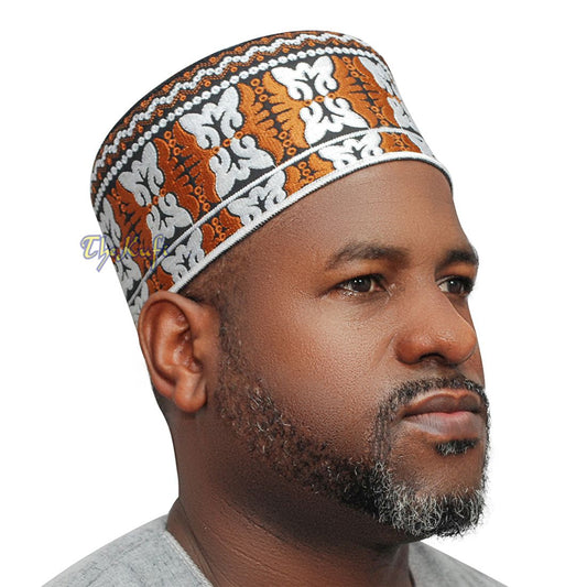 Topi Kufi Oman Muslim Berkarat-coklat Motif Rama-rama Hitam Putih 4-inci Islami Afrika Yaman Kenyan Tupi
