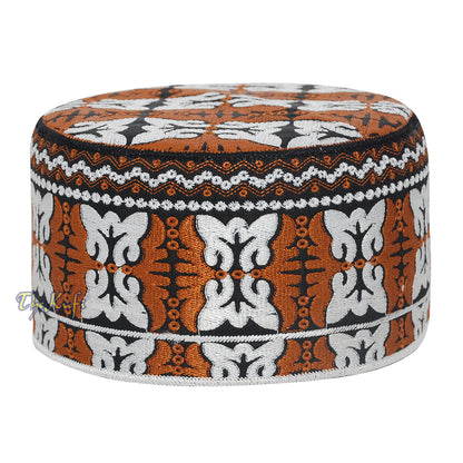 Muslim Omani Kufi Hat Rust-Brown Black White Butterfly Motif 4-Inch Islamic African Yemeni Kenyan Tupi