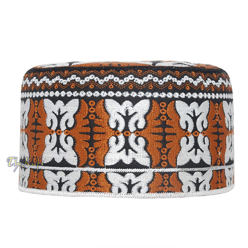 Muslim Omani Kufi Hat Rust-Brown Black White Butterfly Motif 4-inch Islamic African Yemeni Kenyan Tupi