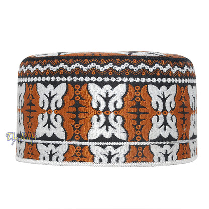 Muslim Omani Kufi Hat Rust-Brown Black White Butterfly Motif 4-inch Islamic African Yemeni Kenyan Tupi