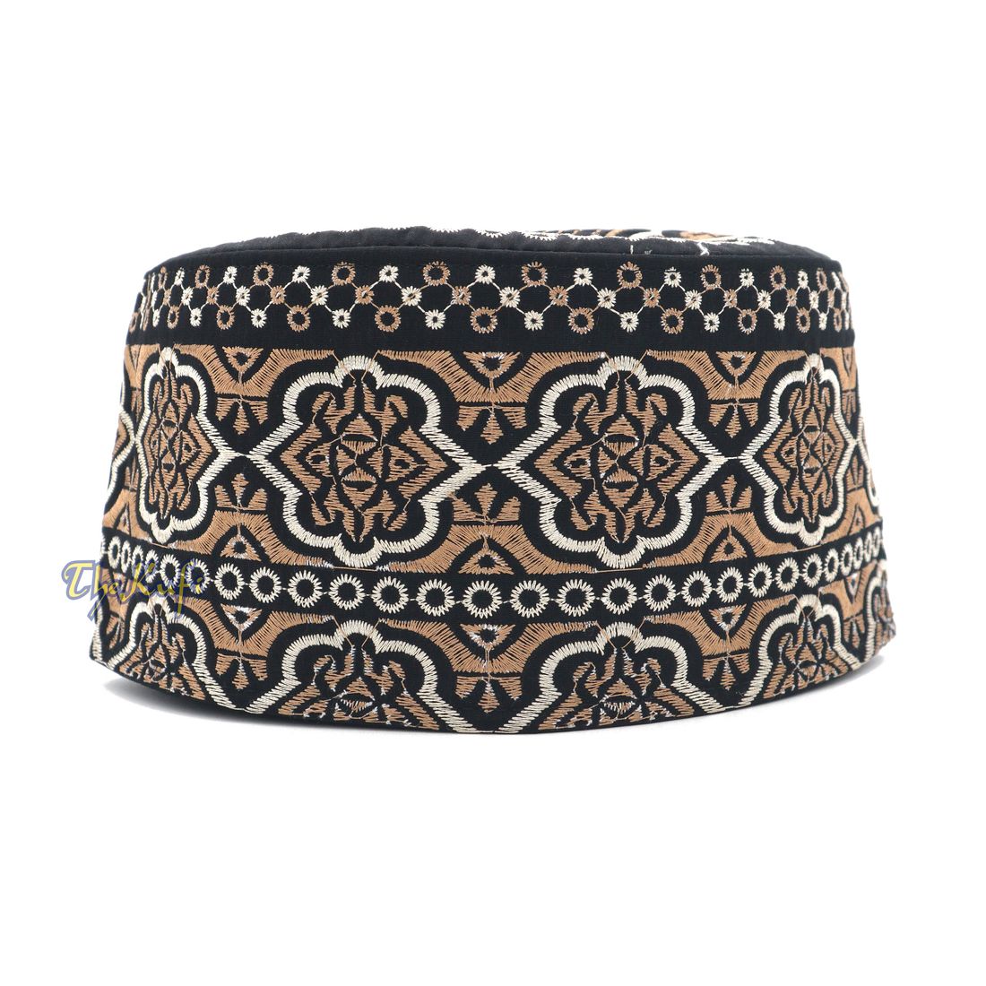 Omani Black Base with Silver Brown Flower Embroidery Kufi