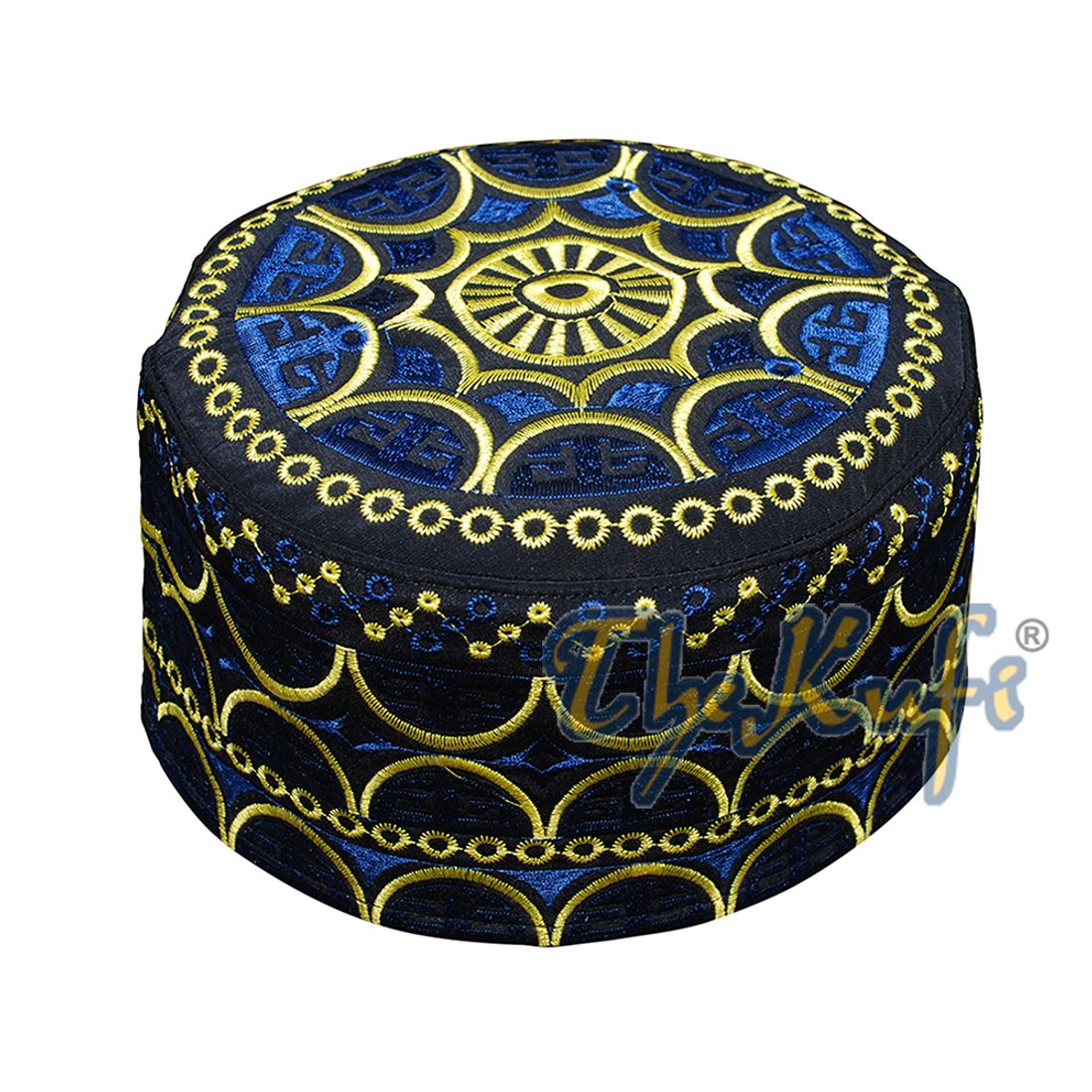 Tall Omani Kufi Hat Black Blue & Yellow Embroidery
