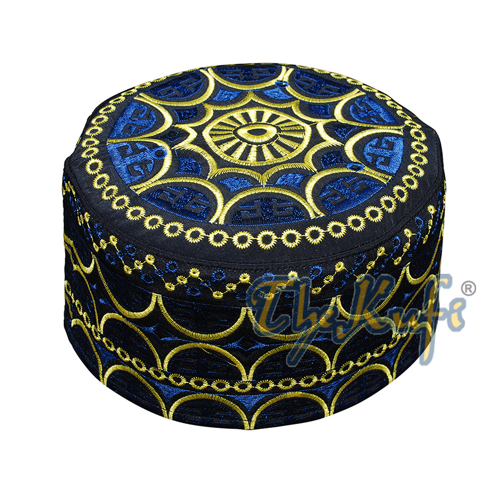 Topi Kufi Oman Tinggi Bordir Hitam Biru &amp; Kuning