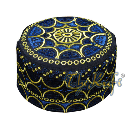 Topi Kufi Oman Tinggi Bordir Hitam Biru &amp; Kuning