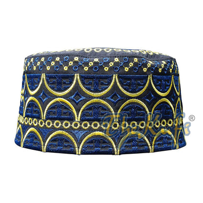 Tall Omani Kufi Hat Black Blue & Yellow Embroidery