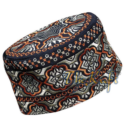 Tall Omani African Kufi Hat Black Orange & Gold Embroidery