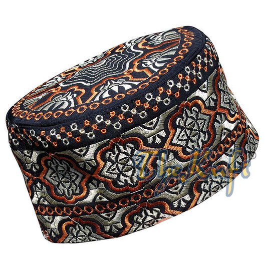 Topi Kufi Afrika Oman Tinggi Oren Hitam &amp; Sulaman Emas