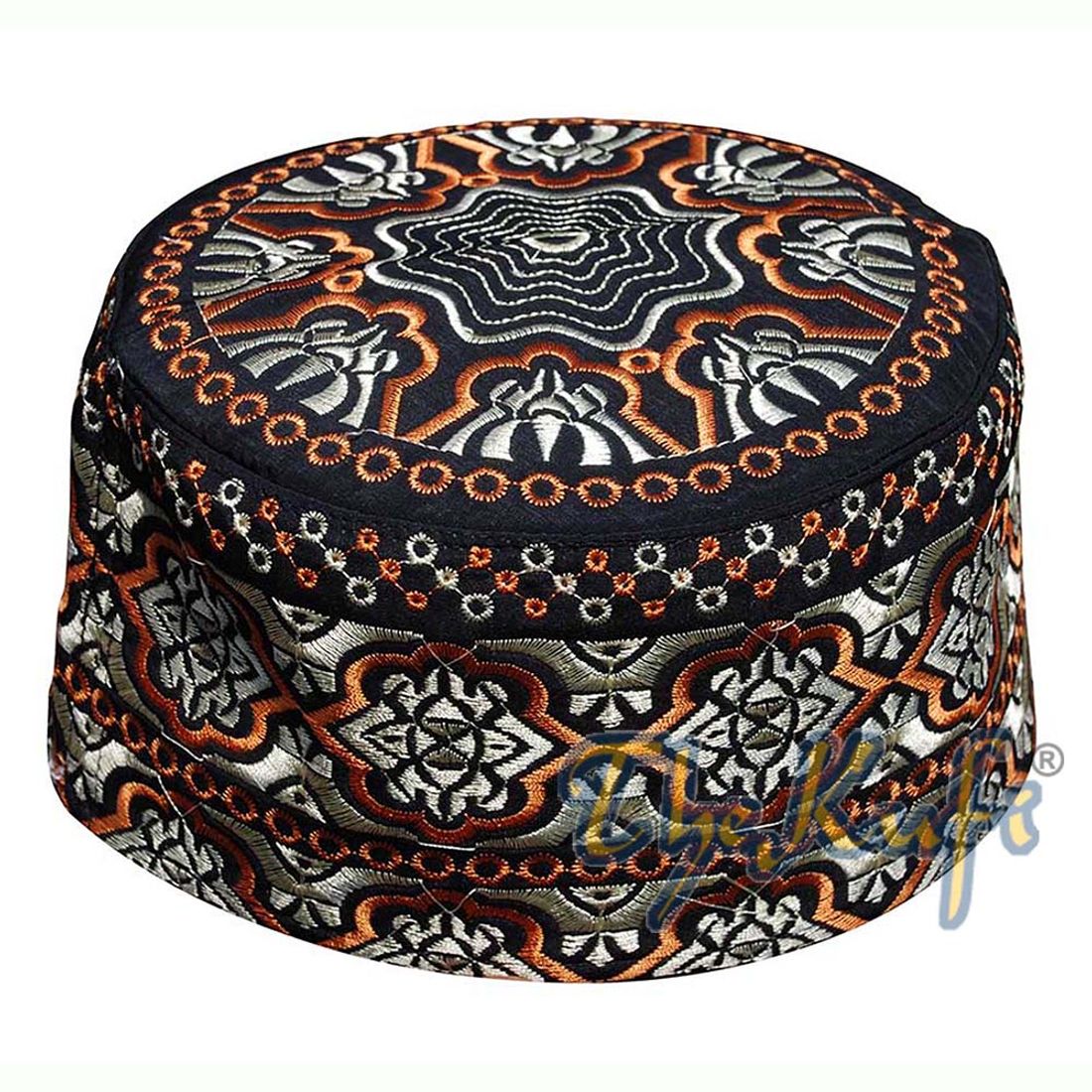 Tall Omani African Kufi Hat Black Orange & Gold Embroidery