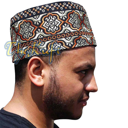 Tall Omani African Kufi Hat Black Orange & Gold Embroidery