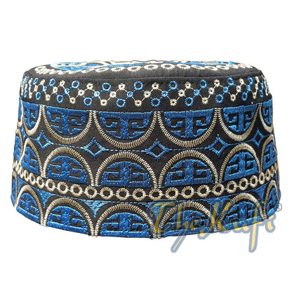 Tall Omani Kufi Hat Black Gold & Blue Embroidery