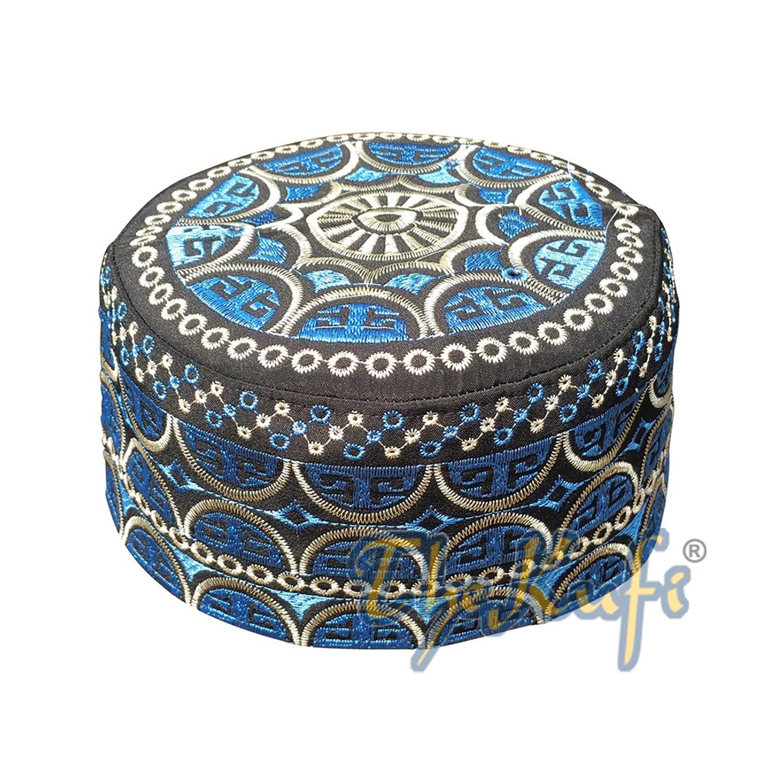Topi Kufi Oman Tinggi Emas Hitam &amp; Sulaman Biru