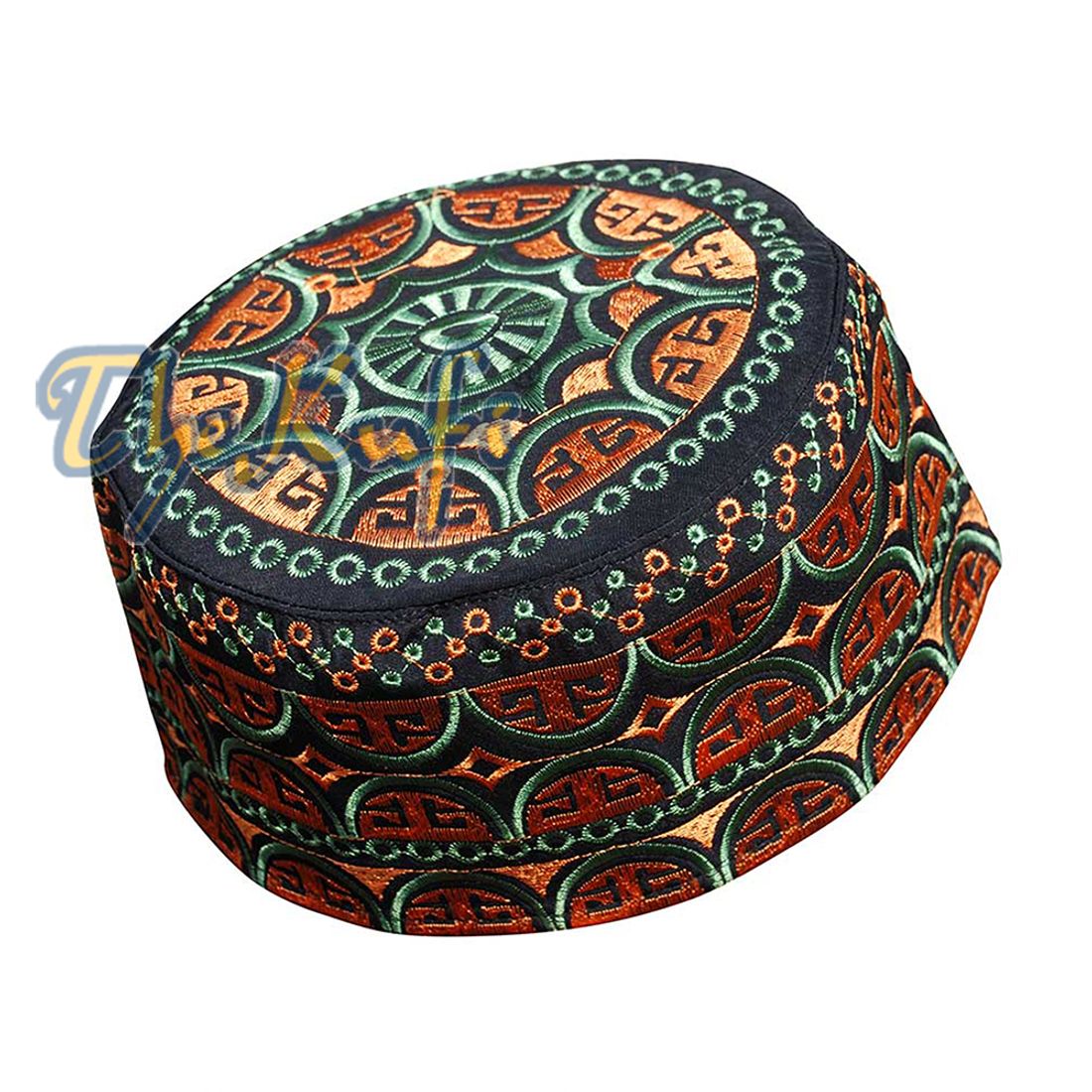 Tall Omani Kufi Hat Black Orange & Green Embroidery