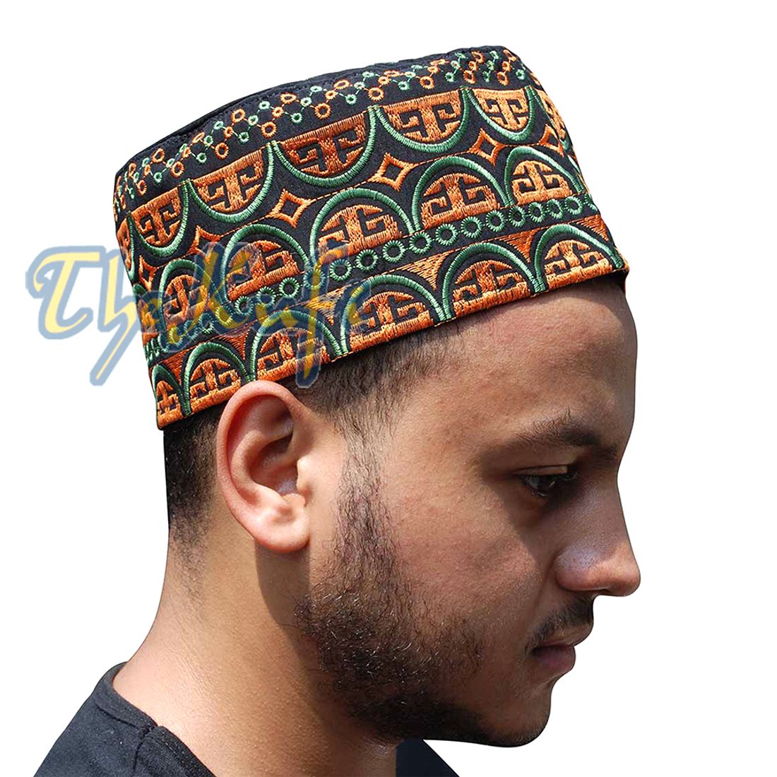 Tall Omani Kufi Hat Black Orange & Green Embroidery