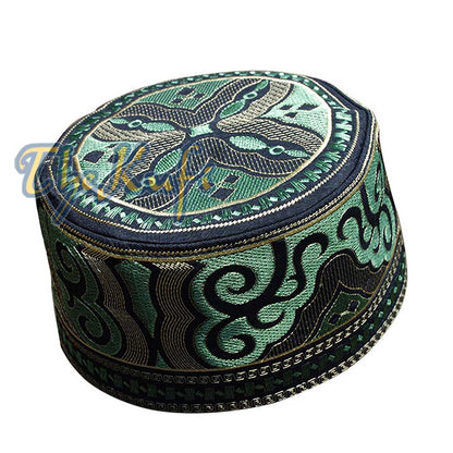 Omani Black Dark Green & Gold Embroidery Kufi