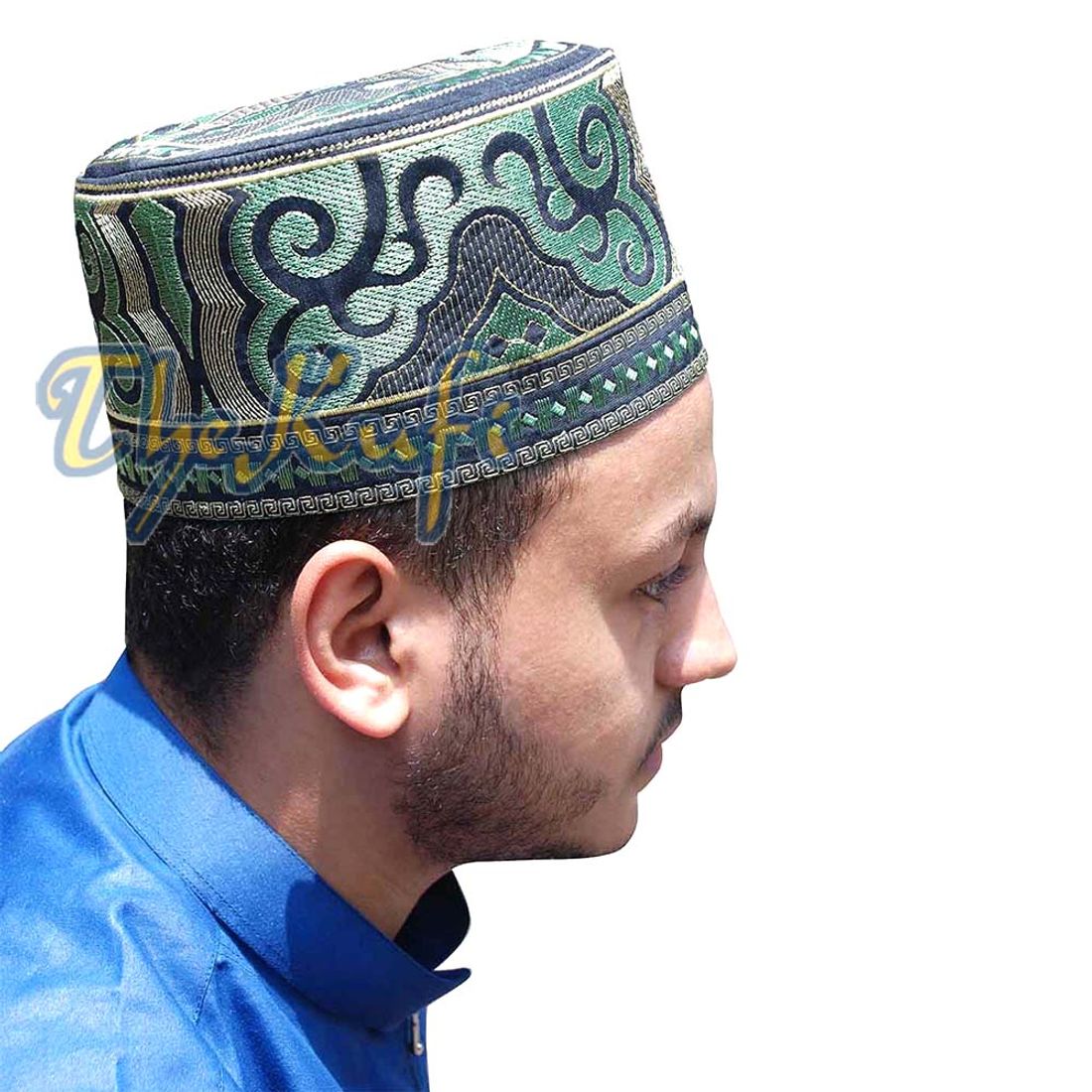 Omani Black Dark Green & Gold Embroidery Kufi