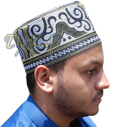 Omani Black Base With Green Yellow & Silver Embroidery Kufi