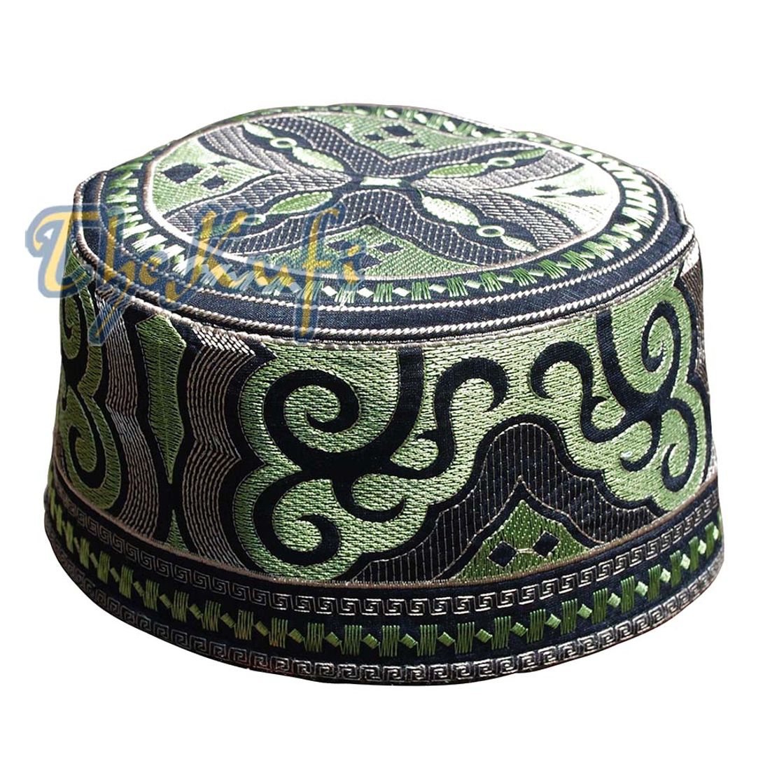 Omani Kufi Hat Black Green & Silver Embroidery