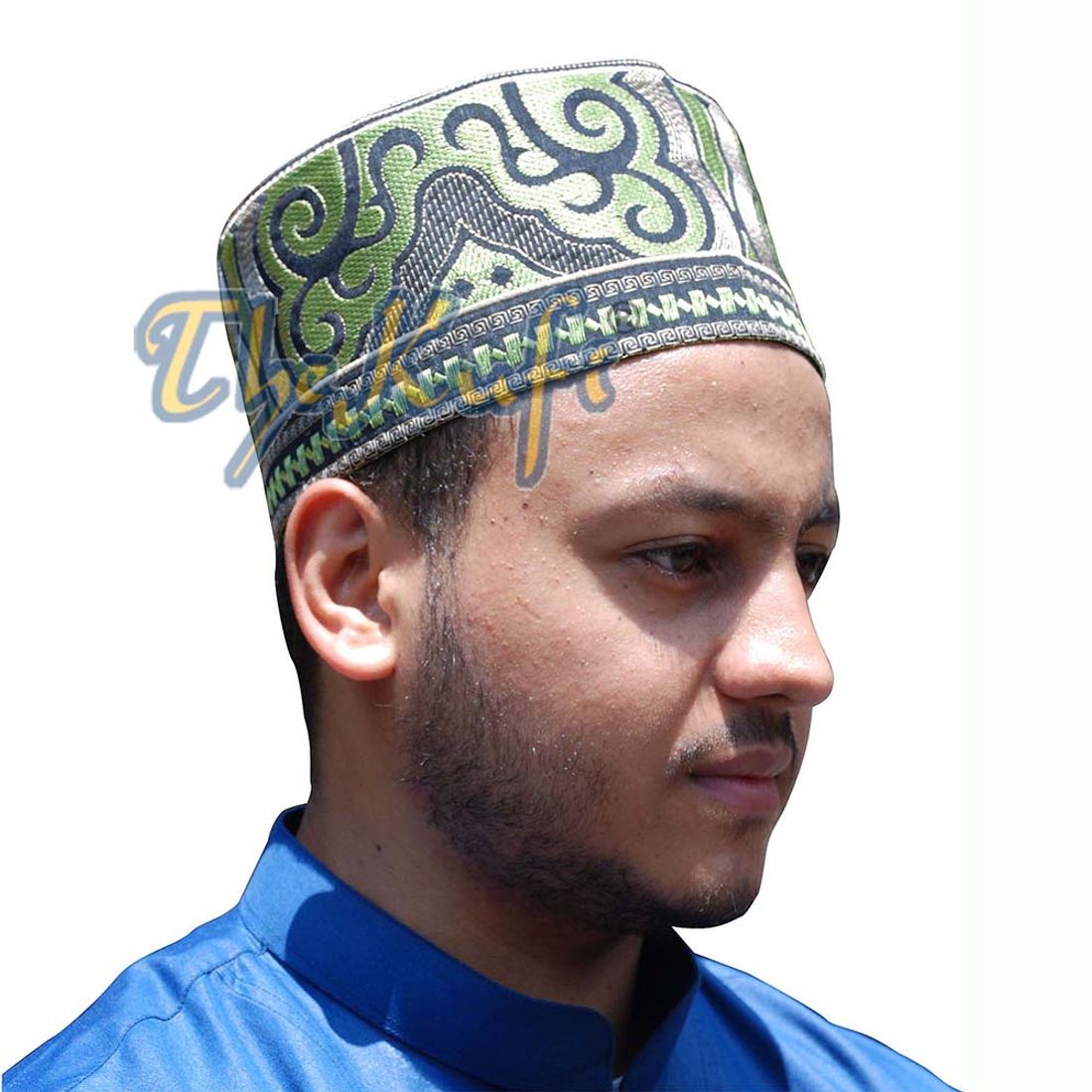 Omani Kufi Hat Black Green & Silver Embroidery