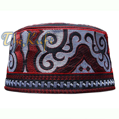 Omani Embroidered Black Base Silver & Red Kufi