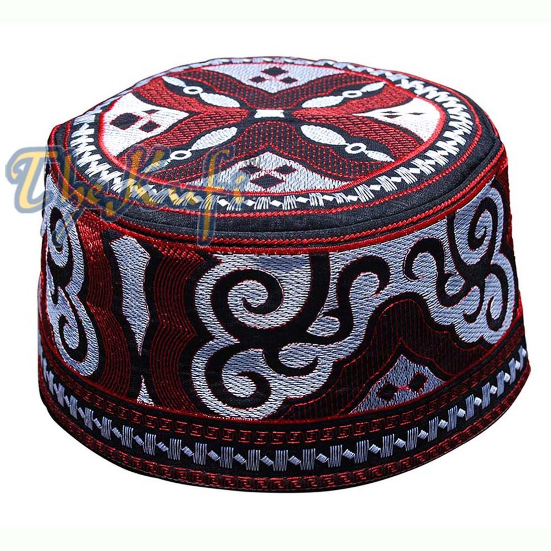 Omani Embroidered Black Base Silver & Red Kufi