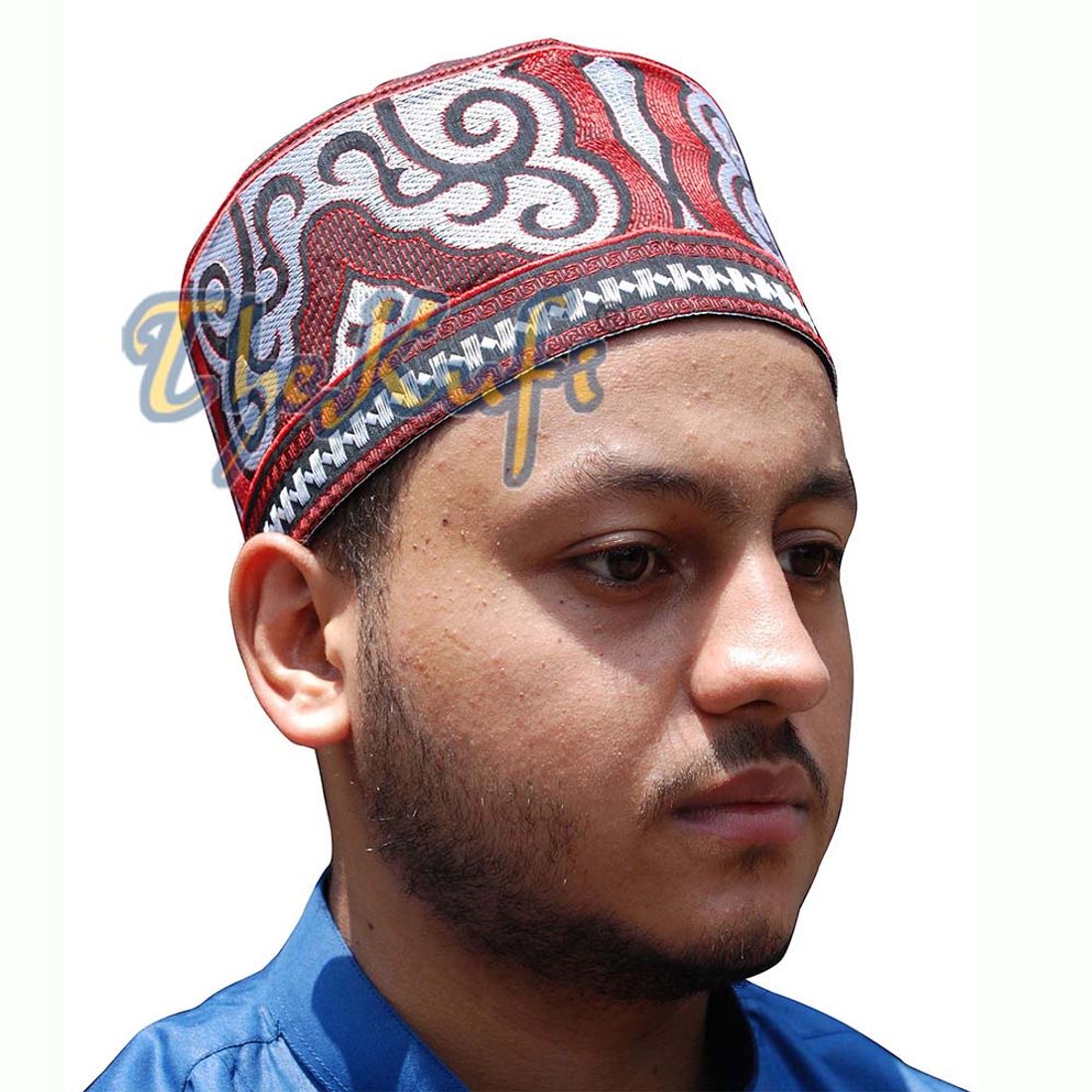 Omani Embroidered Black Base Silver & Red Kufi