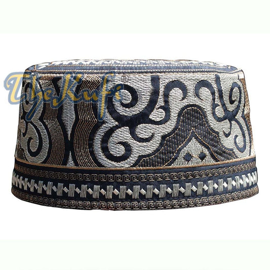 Omani Kufi Hat Black Brown & Silver Embroidery