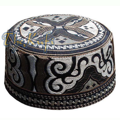 Omani Kufi Hat Black Brown & Silver Embroidery