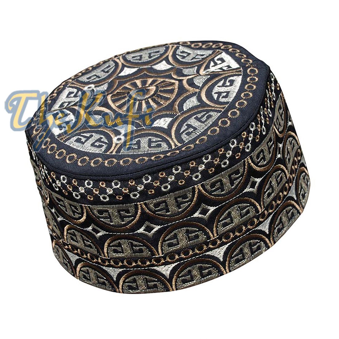 Tall Omani Kufi Hat Black Light & Dark Brown Embroidery