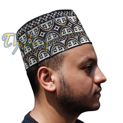 Tall Omani Kufi Hat Black Light & Dark Brown Embroidery