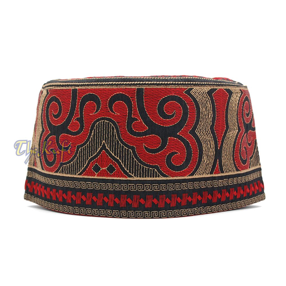 Omani Kufi Hat Black Red & Gold Embroidery