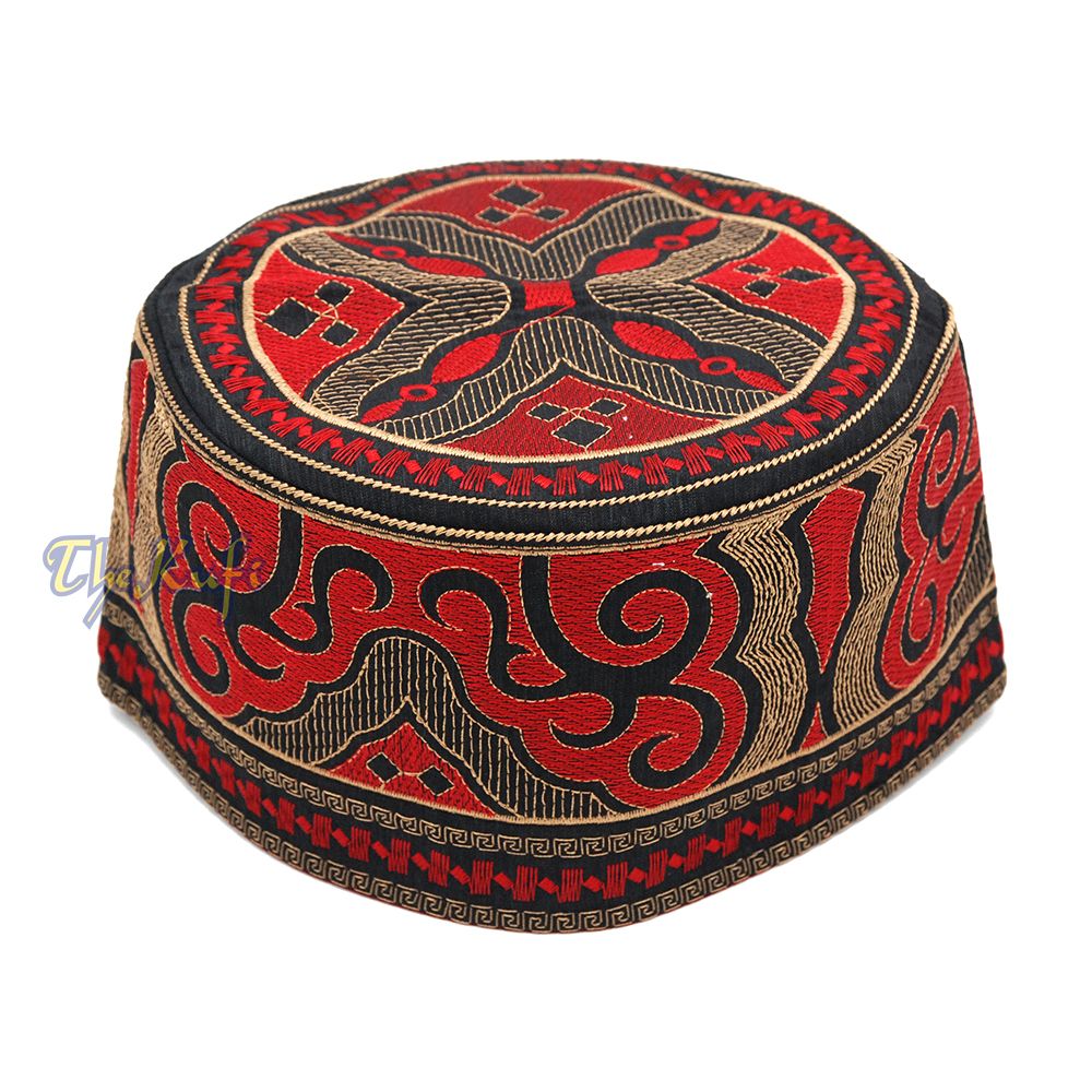 Omani Kufi Hat Black Red & Gold Embroidery