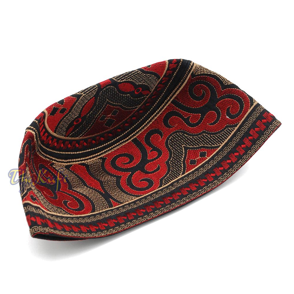 Omani Kufi Hat Black Red & Gold Embroidery