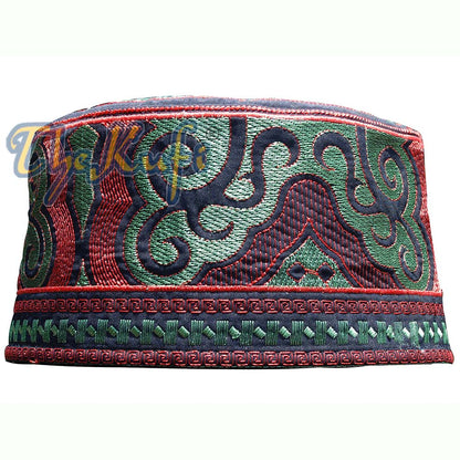 Omani Kufi Hat Black Green & Red Embroidery