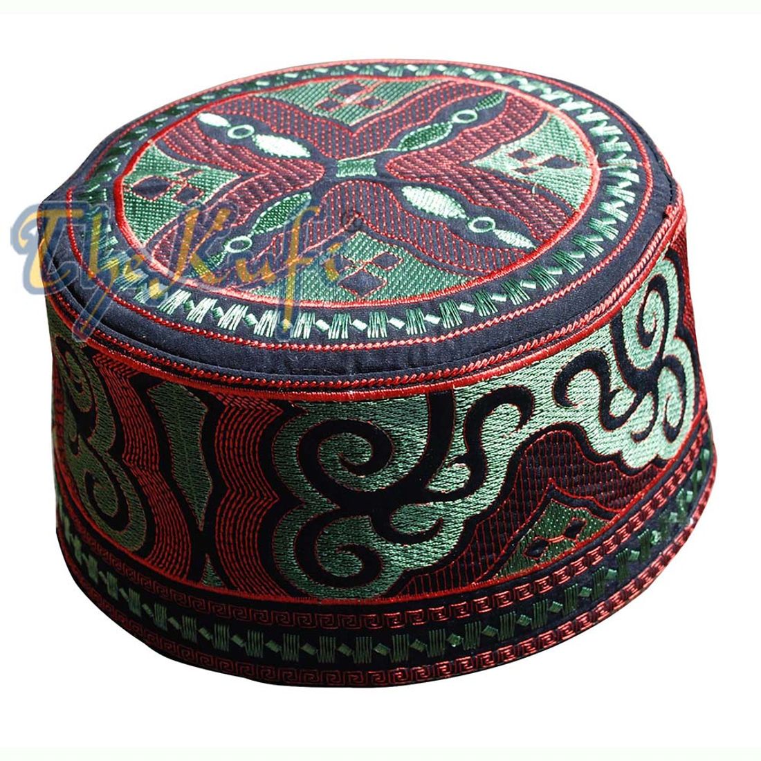 Omani Kufi Hat Black Green & Red Embroidery