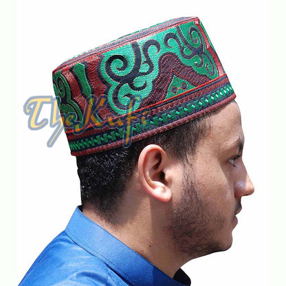 Omani Kufi Hat Black Green & Red Embroidery