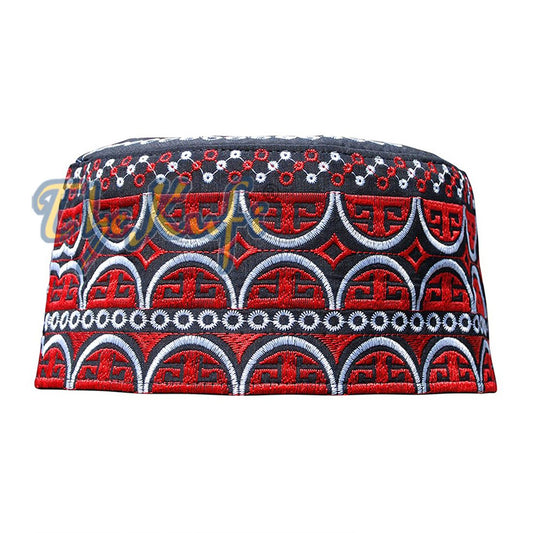 Tall Omani Kufi Black Red & Silver Embroidery
