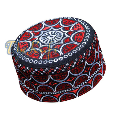 Tall Omani Kufi Black Red & Silver Embroidery