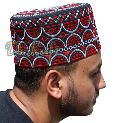 Tall Omani Kufi Black Red & Silver Embroidery