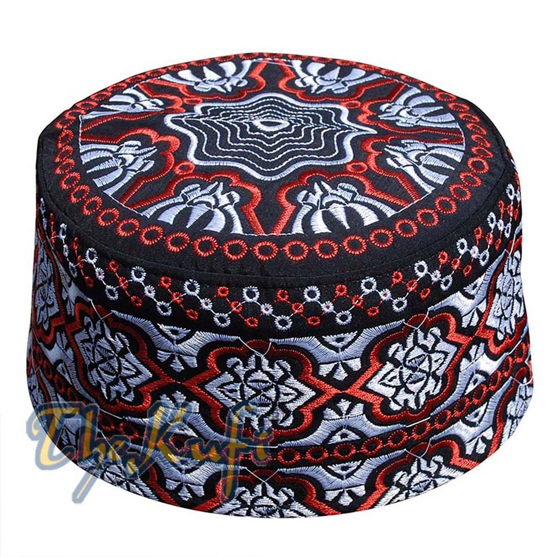 Tall Omani Kufi Hat Black Red & Silver Embroidery