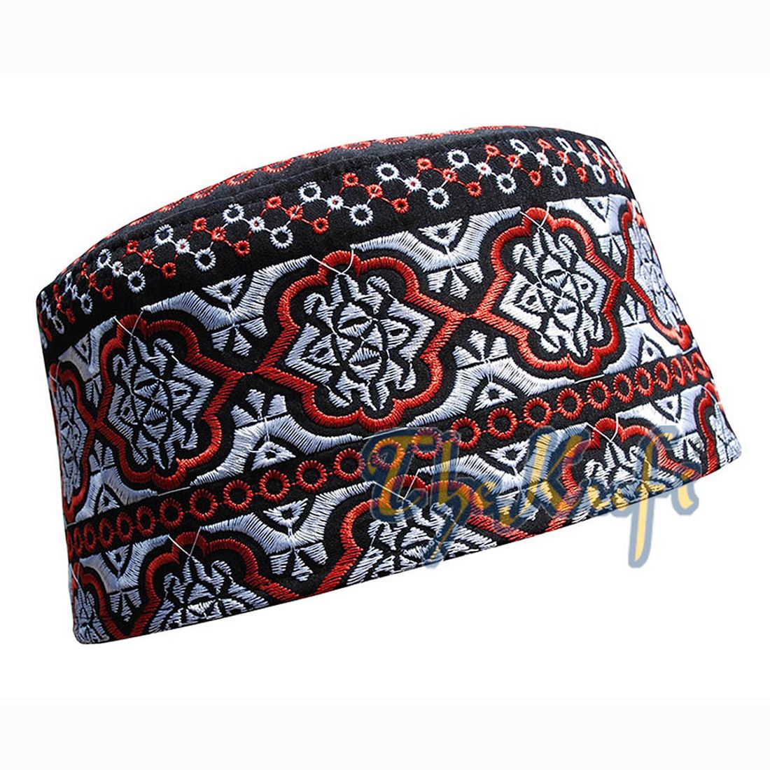 Tall Omani Kufi Hat Black Red & Silver Embroidery