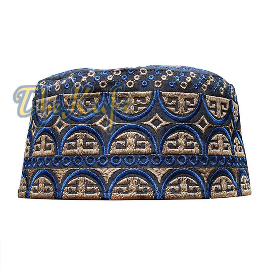 Tall Omani Kufi Hat Black Blue & Brown Embroidery