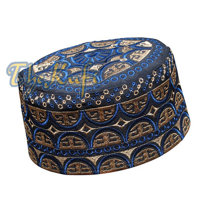 Tall Omani Kufi Hat Black Blue & Brown Embroidery