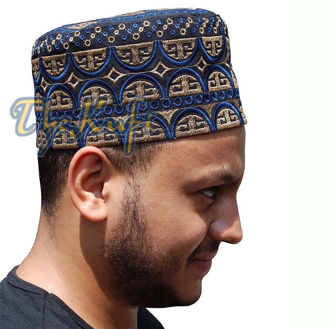 Topi Kufi Oman Tall Black Blue &amp; Brown Sulaman