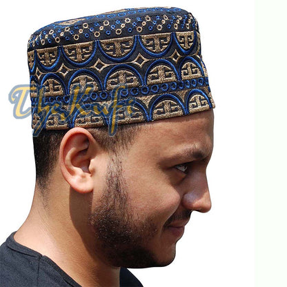 Tall Omani Kufi Hat Black Blue & Brown Embroidery