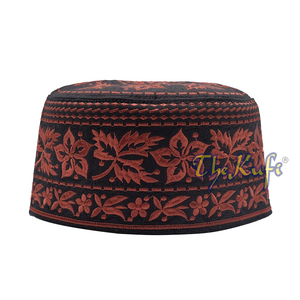 Dark Brown Omani African Yemeni Embroidered Leaf & Flower Design Muslim Kufi Hat